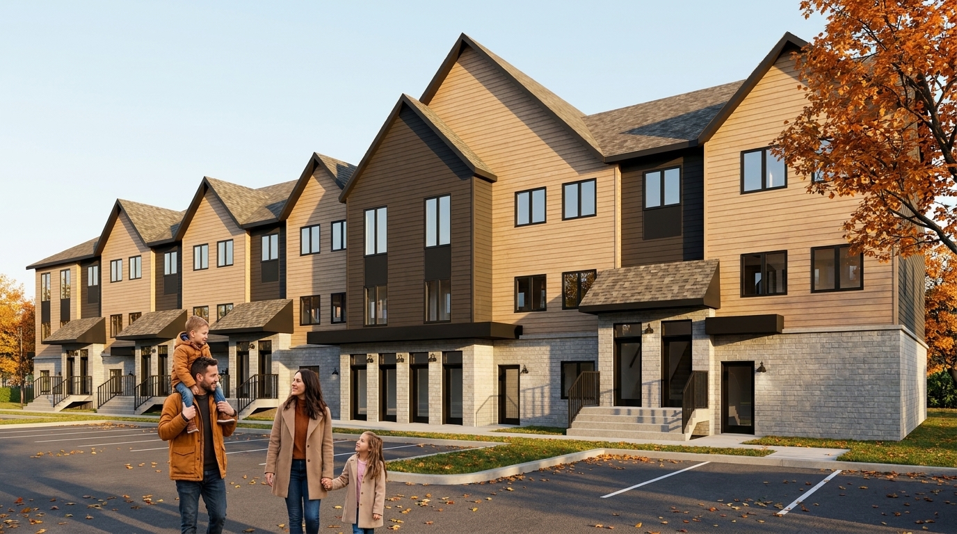Jeune famille devant les condos du Domaine des Ruisseaux